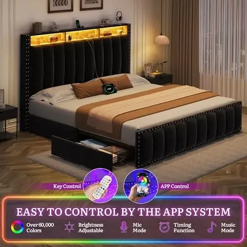 Queen Size Bed Frame with 4 Storage Drawers and RGB LED Lights, Velvet Upholstered Platform Bed with Charging Station - view 5