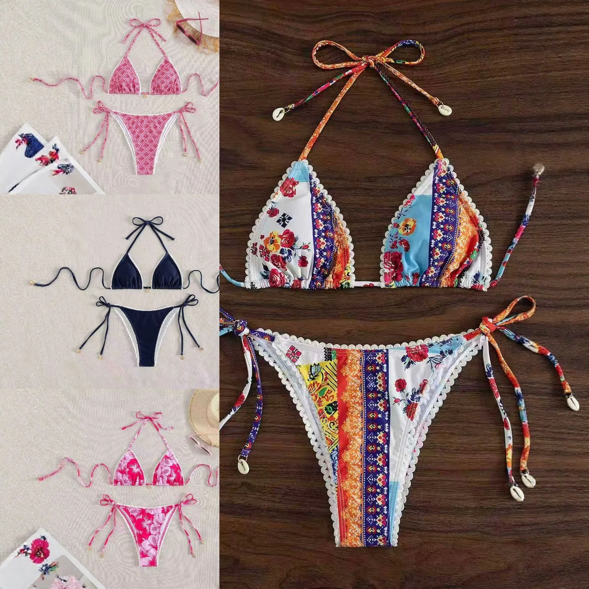 2026 New Bohemian Floral Triangle Bikini Set Women Tie Neck Halter Two Piece Swimwear Beach Bathing Suit