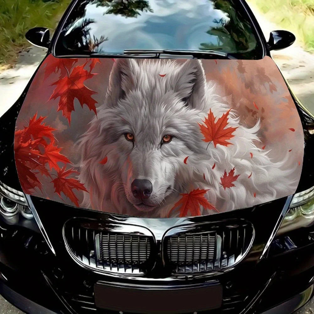 1 PC Car Hood Decal, Red Maple Leaves and White Wolf Auto Exterior Protective Sticker, Vinyl Waterproof Self-adhesive Car Body D