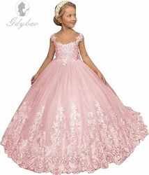 Wedding Toddler Kids Party Gowns Floral Lace Flower Girl Dress Tulle Princess Ball Gown for Wedding Backless Girls Pageant Dres