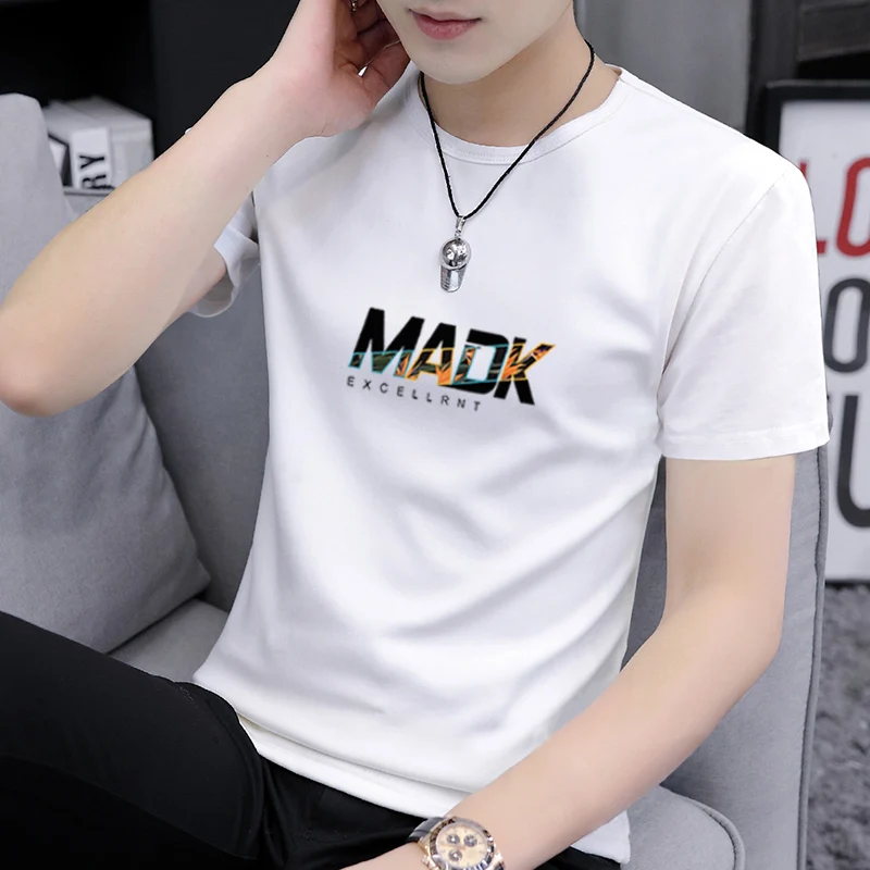 Ice Silk Thin Summer Short sleeved T-shirt Round Neck Slim Fit Trendy Printed Versatile Student T-shirt 7095