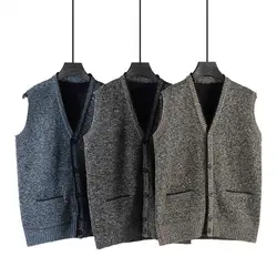 Men Sweater Vest V Neck Single-breasted Sleeveless Buttons With Pockets Elastic Thick Solid Color Knitted Top Sweater Male Coat
