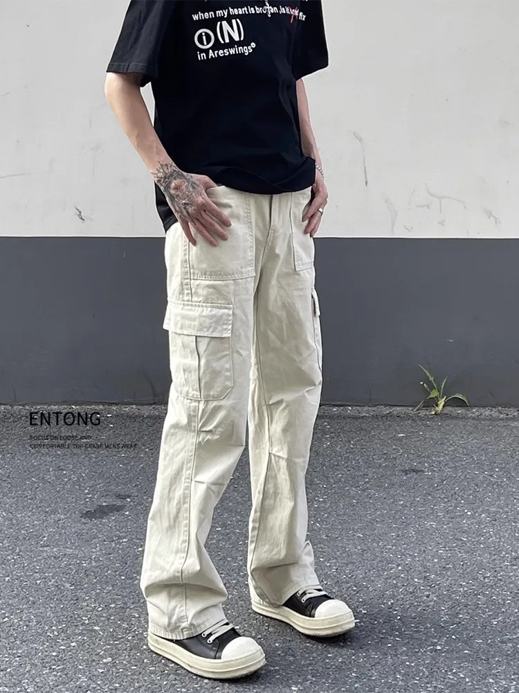 Spring Summer New Style American High Street Work Pants Men's Folded Multi-Pocket Straight CleanFit Jeans Casual Denim Shorts