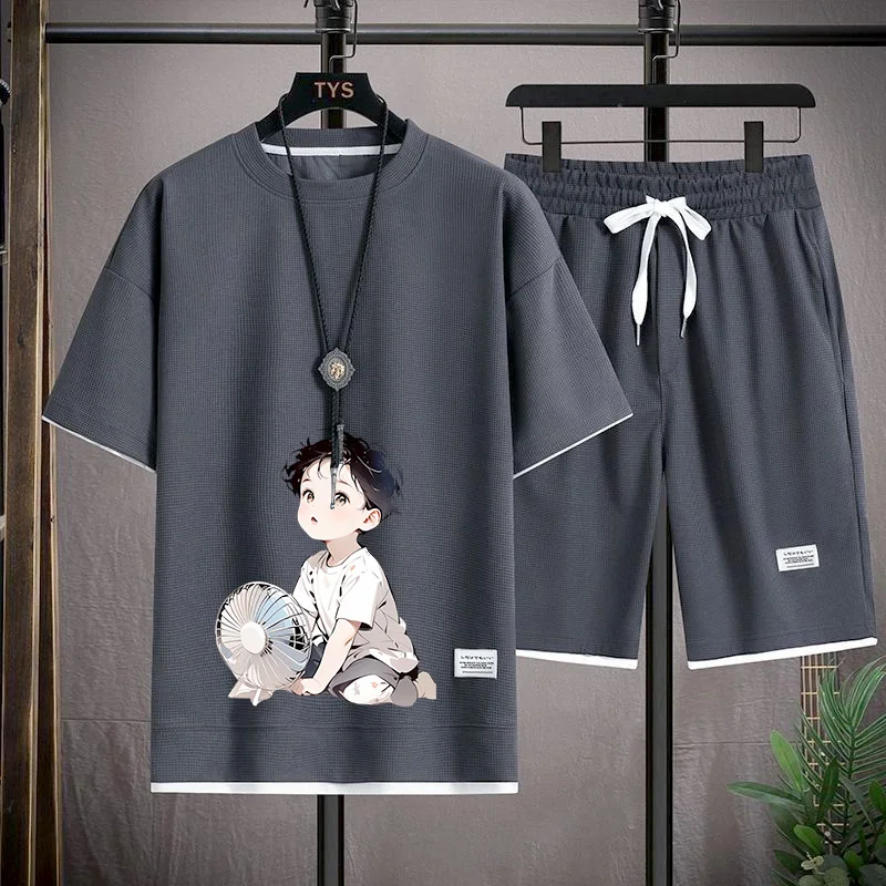 

Casual Loose ort-sve T-irt And orts Set Hong Kong Sle plus Size Leisure Summer Faion Youth Polyester Fiber