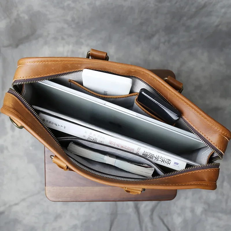 حقيبة يد من جلد البقر بطبقة الرأس للرجال مصنوعة يدويًا من الجلد الطبيعي حقيبة أعمال غير رسمية بكتف واحد حقيبة كمبيوتر كروس #5