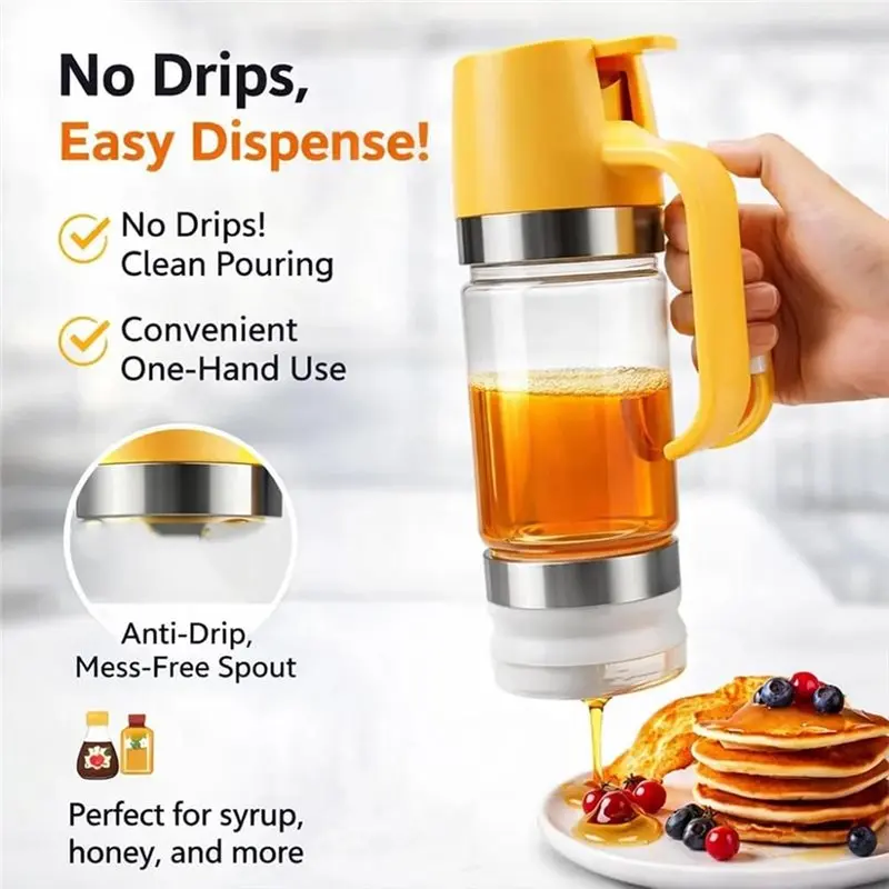 Pancake For Coffee Tea Honey Dispenser No Drip 350Ml Packed Glass Jar& Mess-Free Handle Syrup Container With Base-BEAU