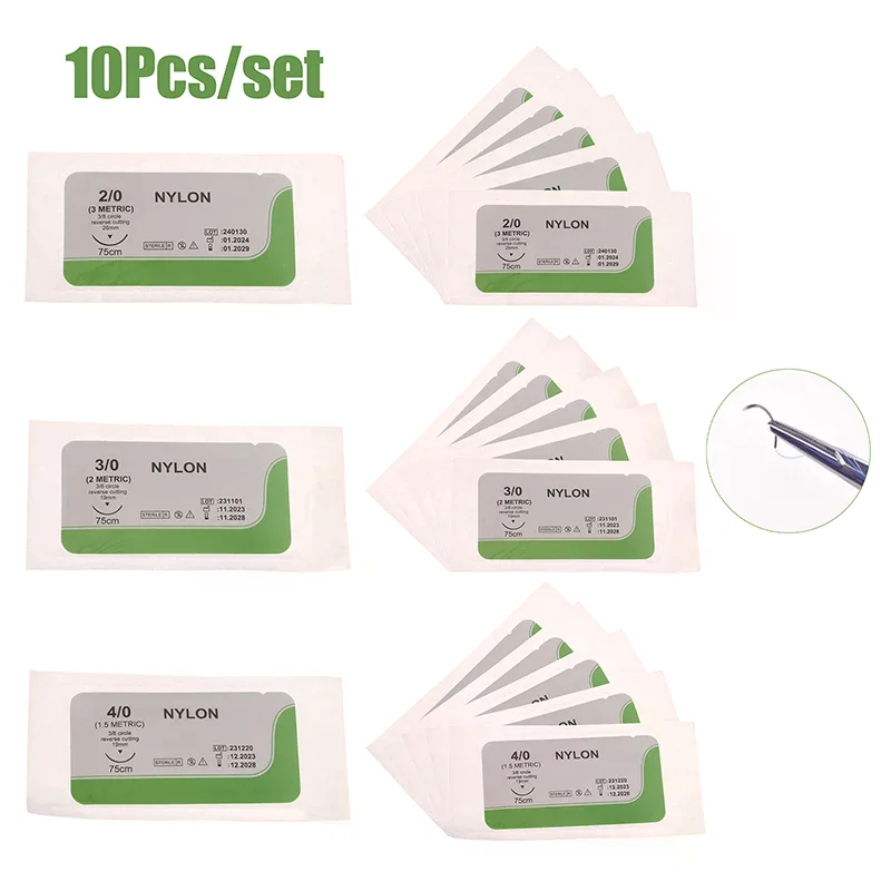 10Pcs 2.0/3.0/4.0 Silk Nylon Monofilament  Thread Needle Surgical Suture Training Thread Suture Practice Kit