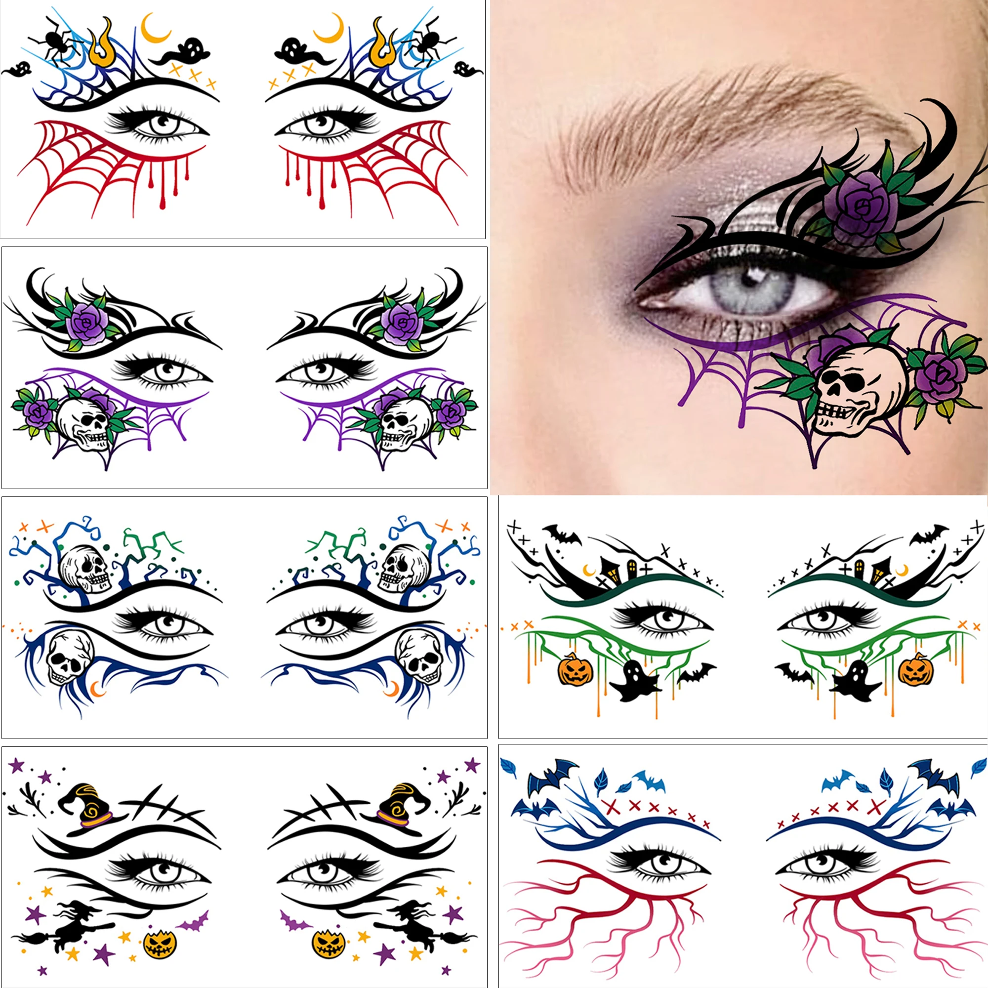 6 Sheets Halloween Blood Vessel Witch Spiderweb Face Tatoos Eye Shadow Eyeliner Tatoos Sticker, Waterproof Realistic Fake Tatoos