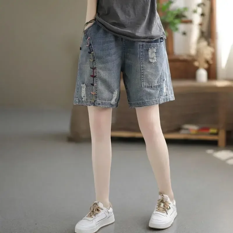 Ripped Denim Shorts Women\'s Shorty Hot Pants Female Clothing Korean Style Baggy Shorts Jeans Mom Short Vintage Pant High Waist