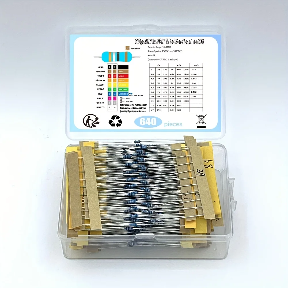 

640 шт. 64 значения 1R-10MR 1/8 Вт 1% 0,125 Вт набор металлопленочных резисторов в ассортименте