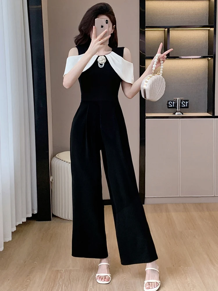 Korean Fashion Sexy Off Shoulder Slim Jumpsuit For Women Office OL Elegant Hit Color Patchwork High Waist Wide Leg Rompers 2024