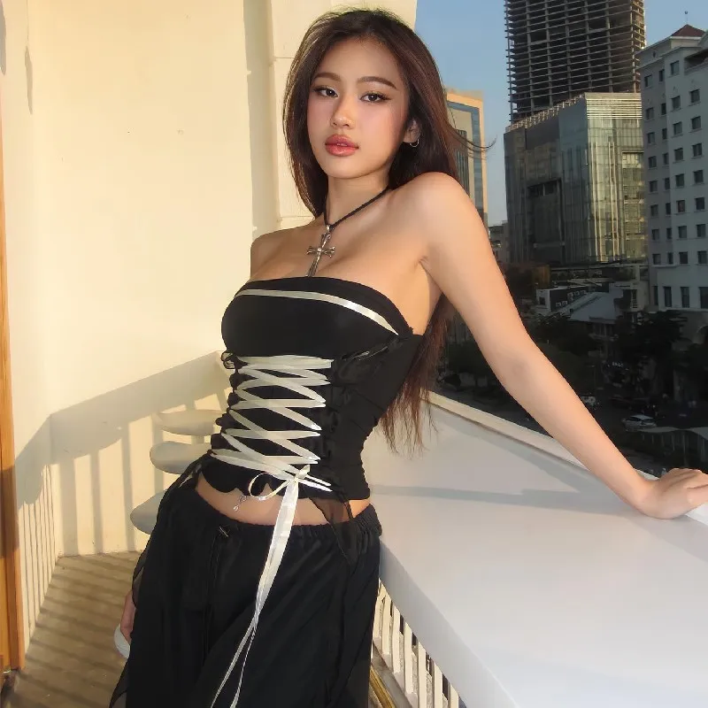 Yangelo Y2K Bandage sexy träger lose Tank Top Sommer Satin Gürtel rücken freie Crop Tops koreanische Mode binden Korsett Kleidung