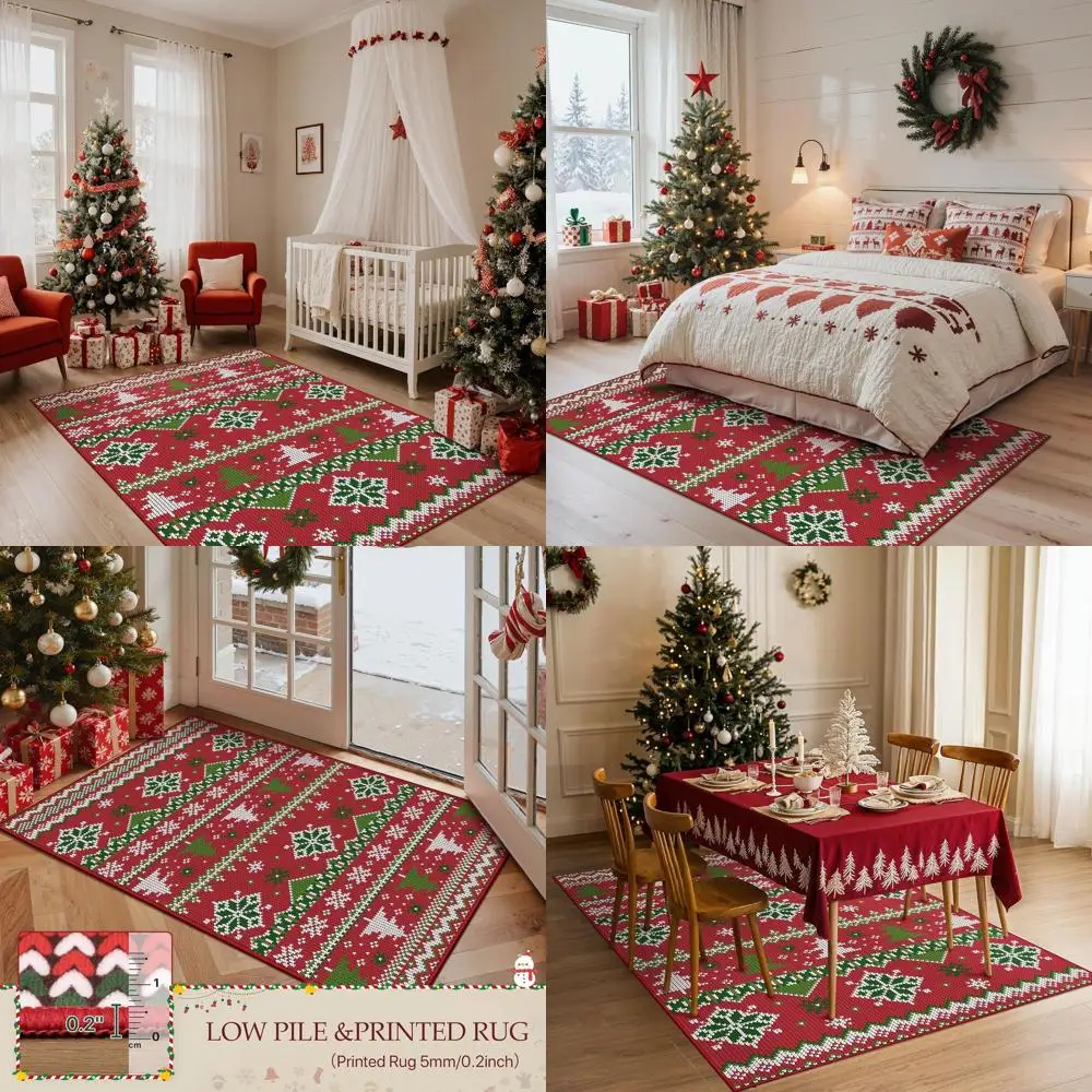 

5x7 Red Snowflake & Tree Print Christmas Rug, Washable, Non-Slip, Soft for Living Room, Bedroom, Dining Room