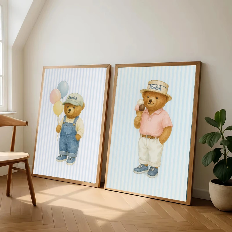 Blue Striped Skating Teddy Bear Playing Guitar Reading Poster Canvas Painting Print Wall Art Picture for Living Room Home Decor