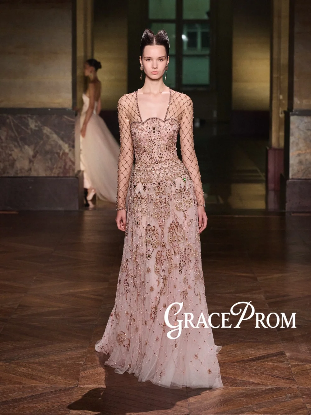 

Heavy Beaded Luxurious Evening Dress Elegant A-line Long Sleeved Wedding Party Gown New Customized Glamorous Banquet Party Gowns