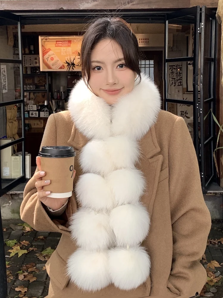 

Real Fox Fur Scarf Women's Autumn Winter Korean Warm Neck Protection Leather Magnetic Buckle Cute Fur Ball Neck
