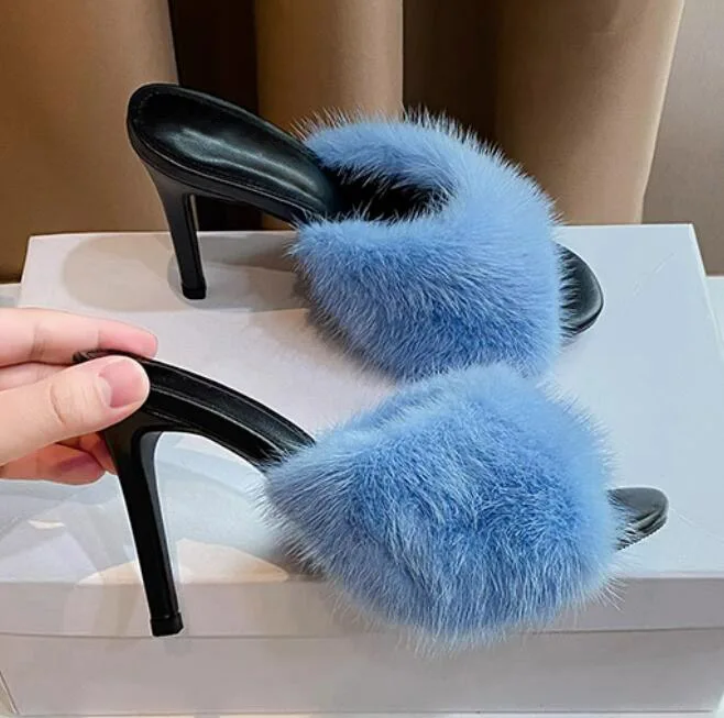 

Sexy Blue Pink Mink Fur Peep Toe High Heel Slipper Green Wool Fur Slingback Slide Slip on Sandals Shoes for Women