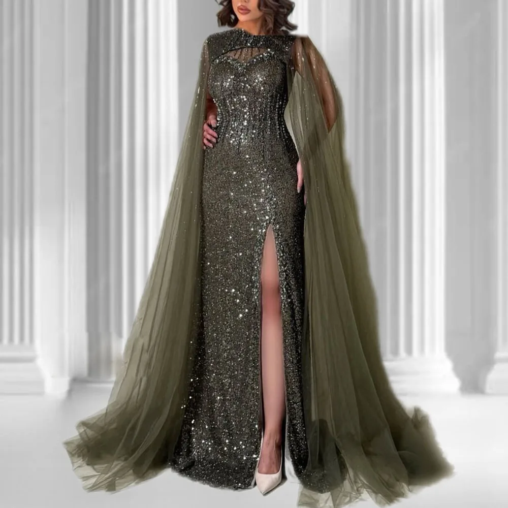 

Customized Luxurious Sequin فساتين سهرة Cape Crystal Embellished Mermaid Evening Gown Side Split شارون سعيد