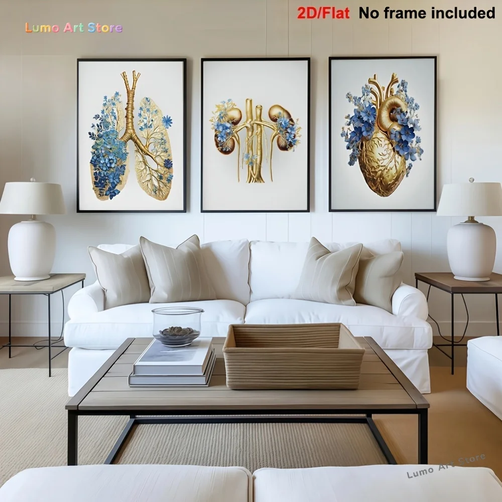 2D Flat, 3pcs Living Room Decorative Art Set, 2D Flat Frameless Exquisite Canvas Paintings, Anatomical Organ Art Medical Offi