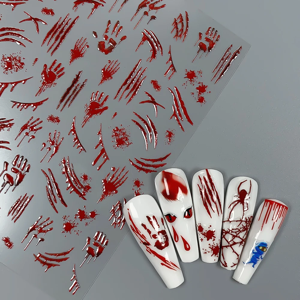 1 stücke 5D Halloween Blut Palm Nagel Aufkleber Gruselige Rote Blut Hand Narbe Weiche Relief Nagel Aufkleber Coole Punk Klebstoff nagel Liefert 1