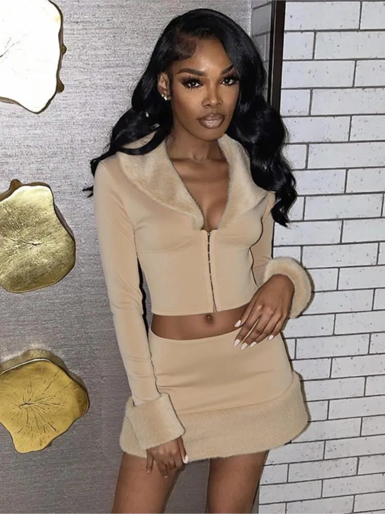 

2025 Solid Color Two Piece Outfits 2 Pieces Set For Woman New In Matching Sets Plush Patchwork Tops Mini Skirt Long Sleeves Sexy