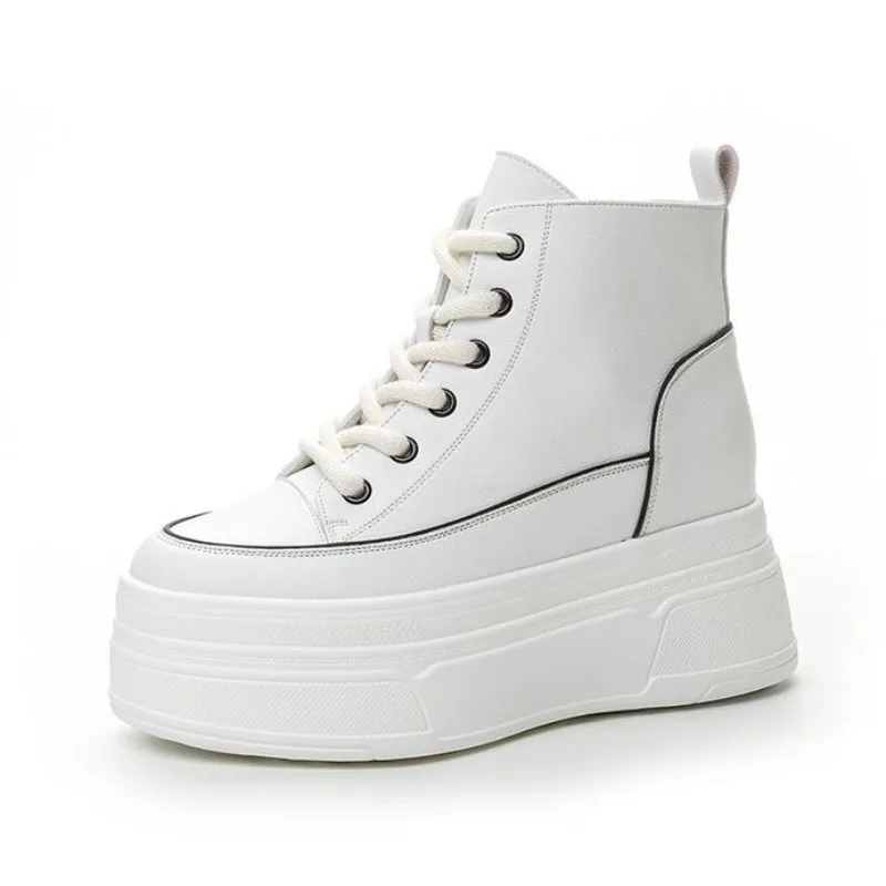 

Женские ботинки на платформе из натуральной кожи, 8,5 см, увеличивающие рост, на танкетке, высокие кроссовки, повседневная обувь, короткие ботинки на толстой подошве