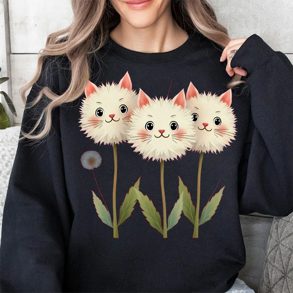 بلوزات نسائية برقبة دائرية، سترات لطيفة منفوشة على شكل قطة، مطبوعة برسومات جرافيك، بلوفر كاجوال، ملابس خريفية كبيرة الحجم من القطن