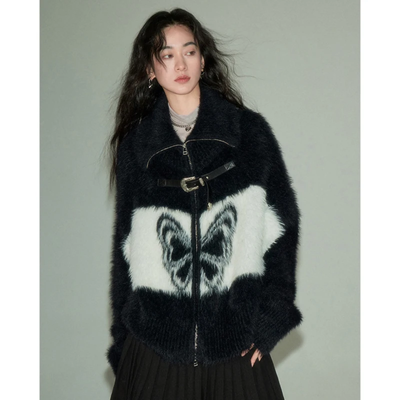 

Vintage Print Knitted Cardigan Women Y2K Harajuku Mink Cashmere Sweater Outerwear Patchwork Long Sleeve Knitwears Winter Jumpers
