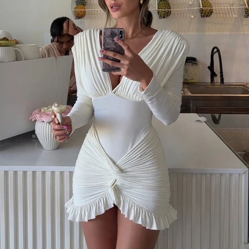2025 Summer Sexy V Neck Bodycon Long Sleeve Dress Women Solid Color Wrap Waist Ruffle Dress