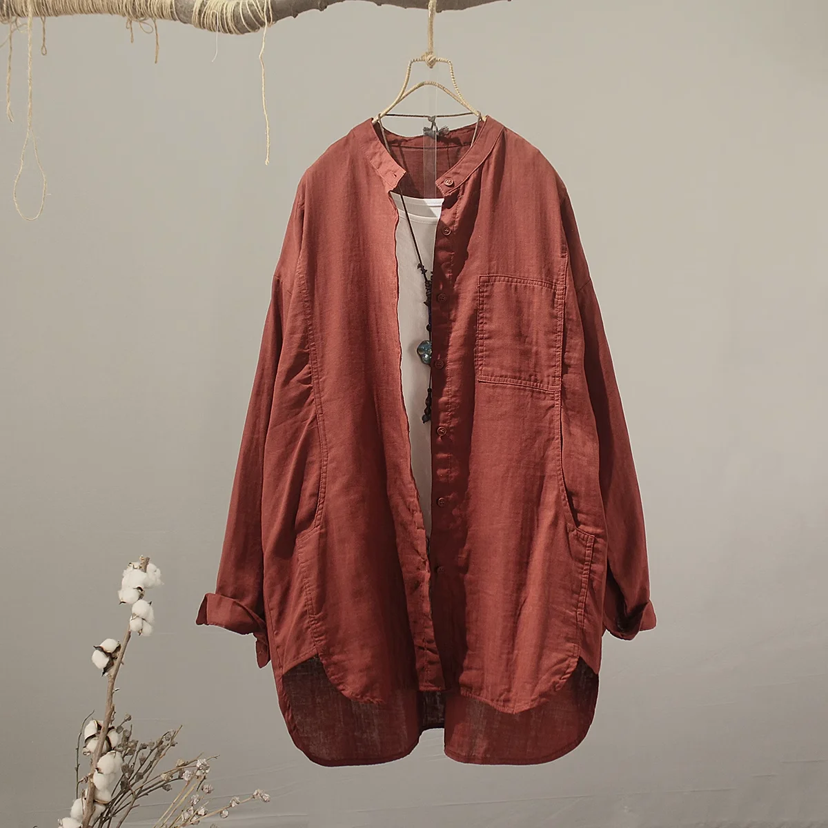 2025 중년 여성 의류 100% 면사 여성상의와 블라우스 일본 패션 스탠드 칼라 대형상의