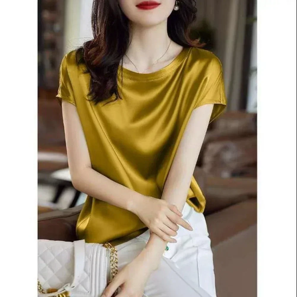 Silk Thin Short Sleeve Tees Korean Style Slip Woman Summer Clothes Elegant Black Brown Tops Solid Loose Casual 4XL