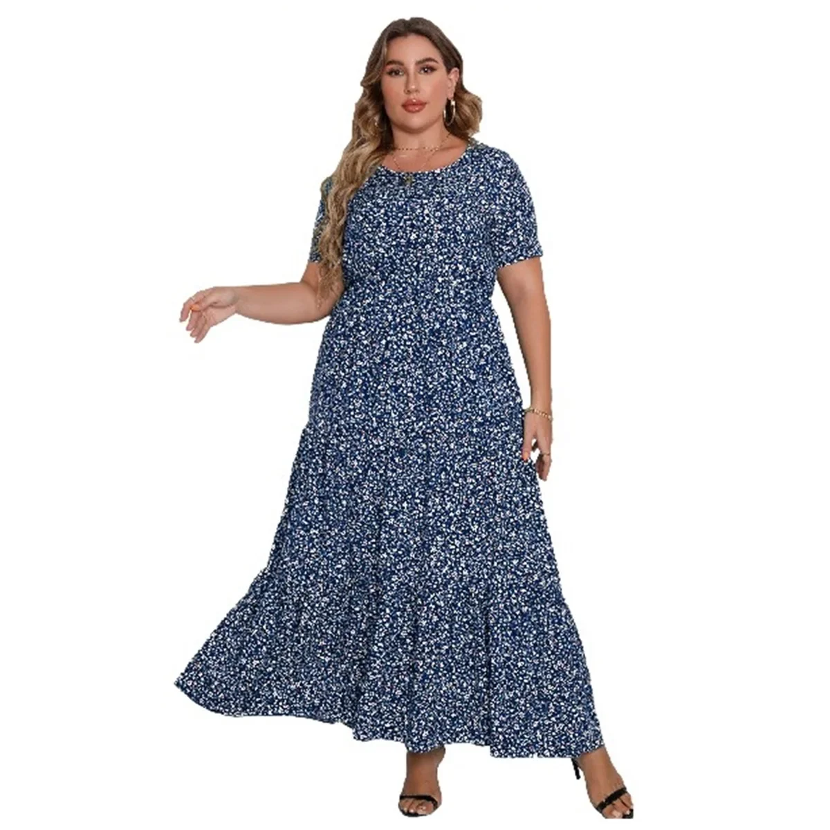 Plus Size Women\'s Summer New Short Sleeve Round Neck Dress Long Dress Beach Style Print Fashion Plus Size Dress 4XL 5XL Vestito