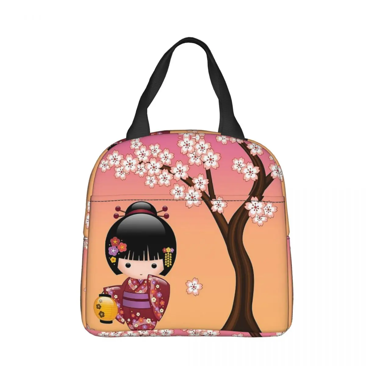 Japanese Sakura Kokeshi Doll Insulated Lunch Bags High Capacity Meal Container Thermal Bag Lunch Box Tote Beach Picnic Men Women