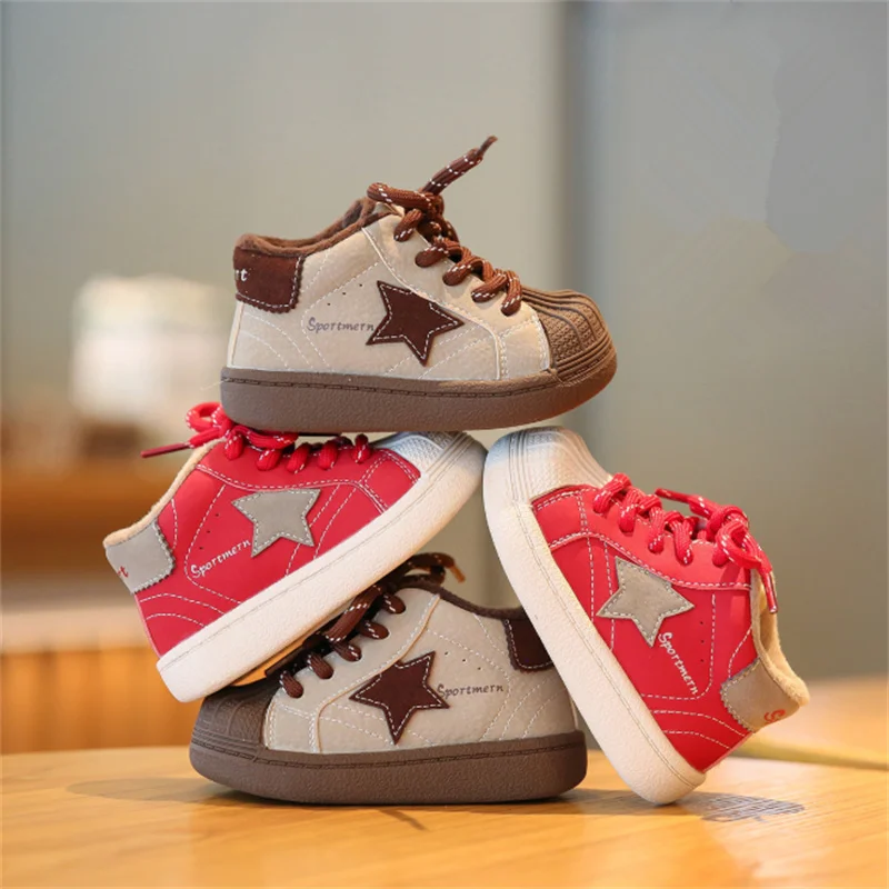

2025 New Winter Baby Shoes Leather Short Fur Star Toddler Kids Shoe Soft Sole Outdoor Tennis Fashion Little Baby Boys Sneakers