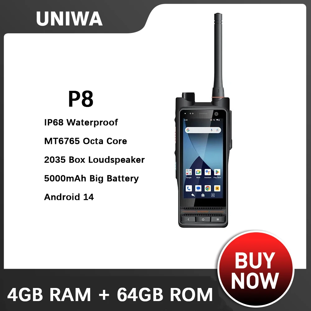 UNIWA  Walkie Talkie P8 4W DMR/Analog Dual ModeTouch Screen Waterproof 5000mAh UHF Smart Zello Mobile Walkie Talkie Android 14