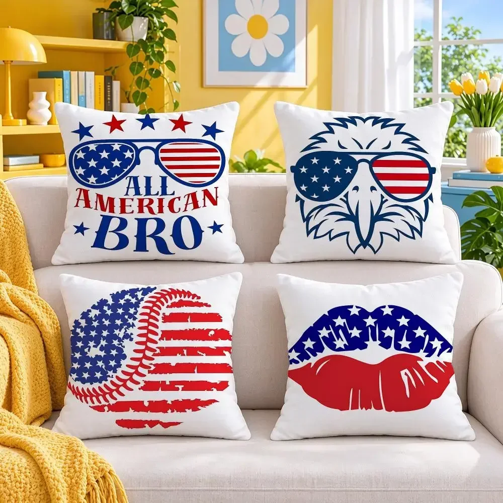 graphic American Independence Day Print Cushion Cover Throw Pillow Short Plush Fresh Bright Cushion for Bedroom Sofa Ornament
