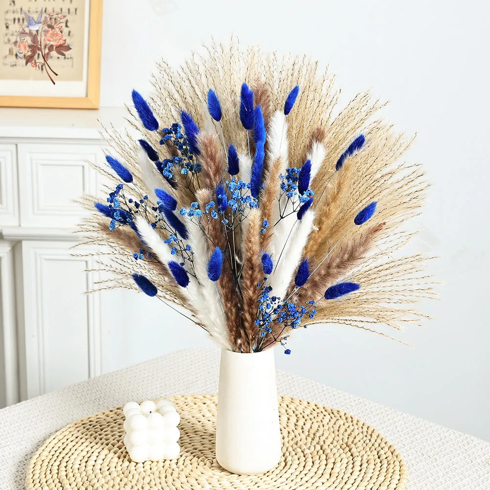70 Stem Blue Fluffly Rabbit Tail Pampas Grass Bunch Dried Flower Bouquet Natural Gypsophila Interior Home Living Room Decoration