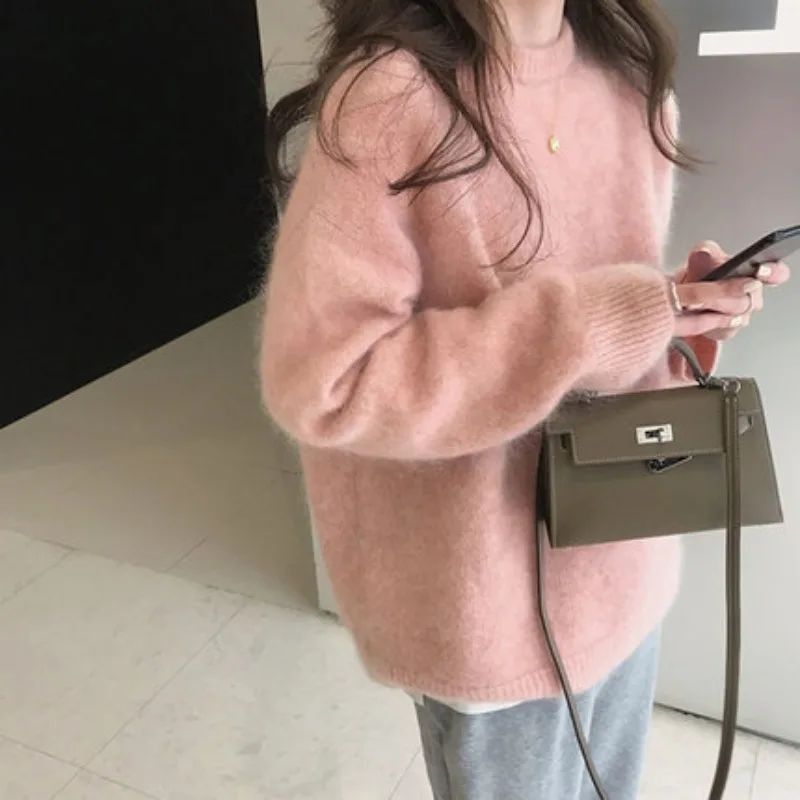 

Розовый вязаный свитер Camere, женский новый свитер Sle 2025, корейский ретро, нежная верхняя одежда на весну и осень, длинный све, круглый...