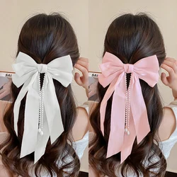 Elegant Long Pearl Tassel Bow Hair Clip for Women Fashion Simple Mesh Bow Hairpins Girls Solid Spring Clip Hair Accessories