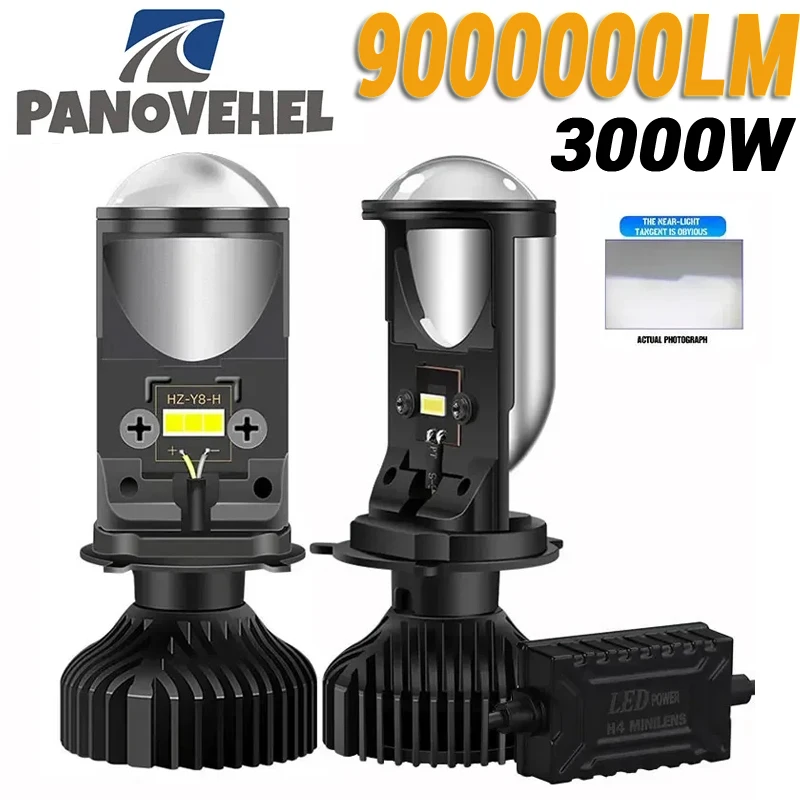 PANOVEHEL H4 Led 9000000LM 3000W Scheinwerferlampen 9003/HB2 mit Projektorlinse für Auto und Motorrad, Plug & Play, 6000K Weiß, 12V 24V