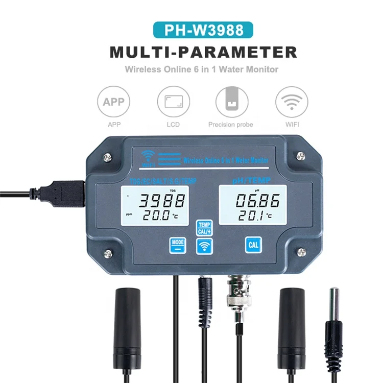 6 in 1 Wifi Water Quality Tester PH/EC/TDS/SALT/G.S/ Temp Meter Water Analyzer TUYA APP Online Remote Monitoring