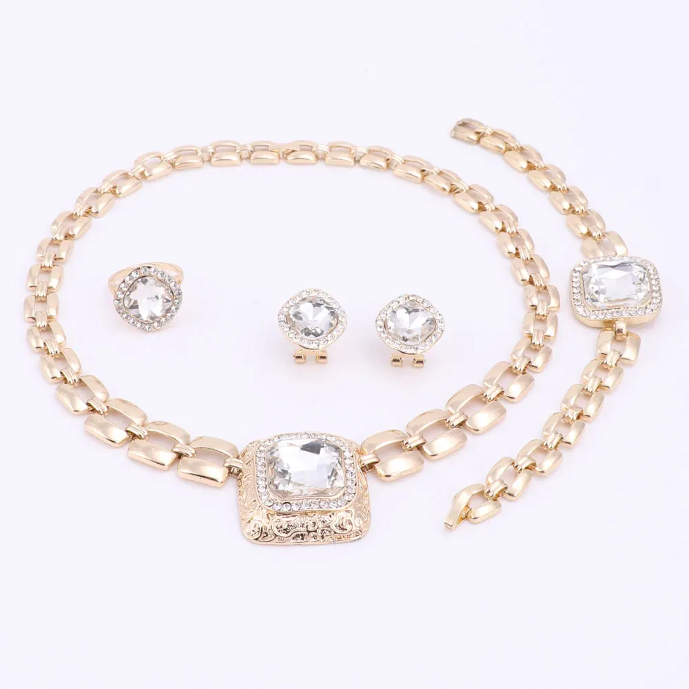 African Beads Jewelry Sets For Women Dress Accessories Gold Color Crystal Wedding Bridal Necklace Earrings Bracelet Ring Sets