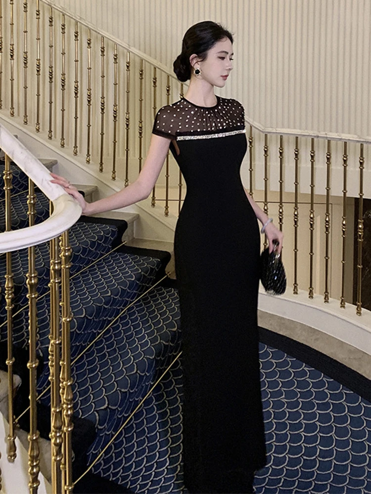 Women's Elegant Formal Evening Dress for Woman Sexy Black Glitter Sheer Mesh Splice Bodycon Long Porm Robe Party Dance Vestidos