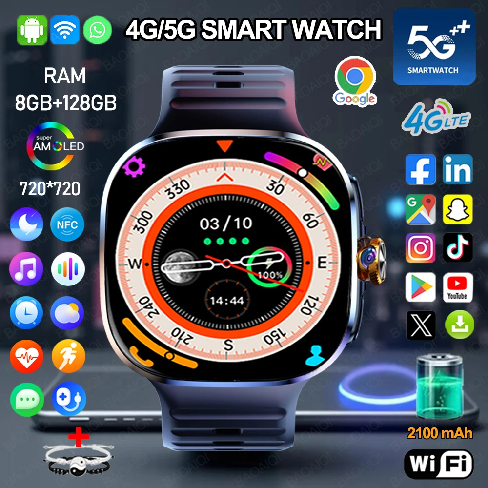 

Android 10 5G/4G Smart Watch GPS WIFI 720*720 HD AMOLED 2100mah Battery 900W Camera 8GB+128GB RAM Google APP Download Smartwatch
