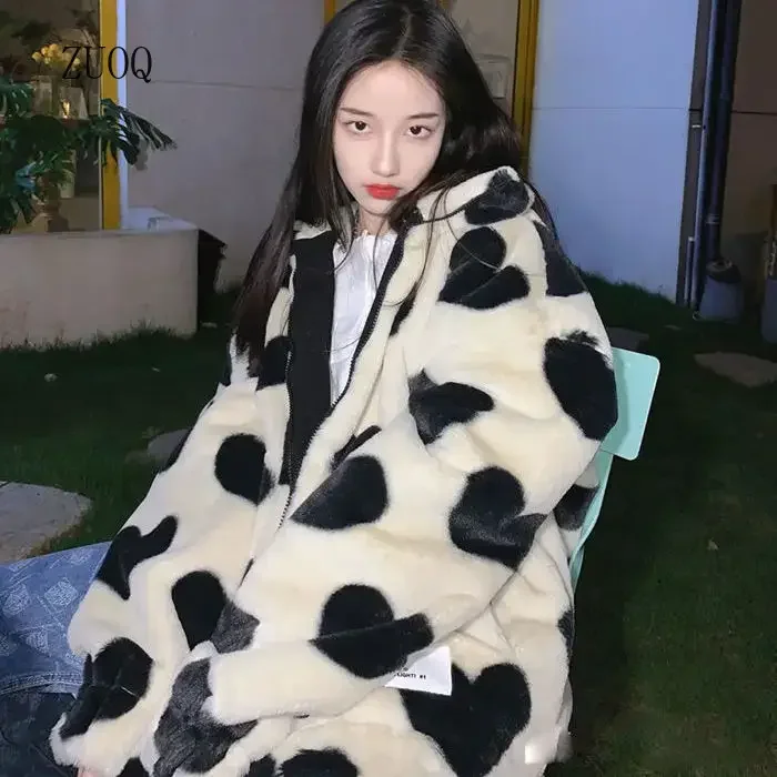 Outono e inverno novo casaco de lã de cordeiro feminino amor impressão coreano engrossado solto jaqueta de lã de pele sintética feminino