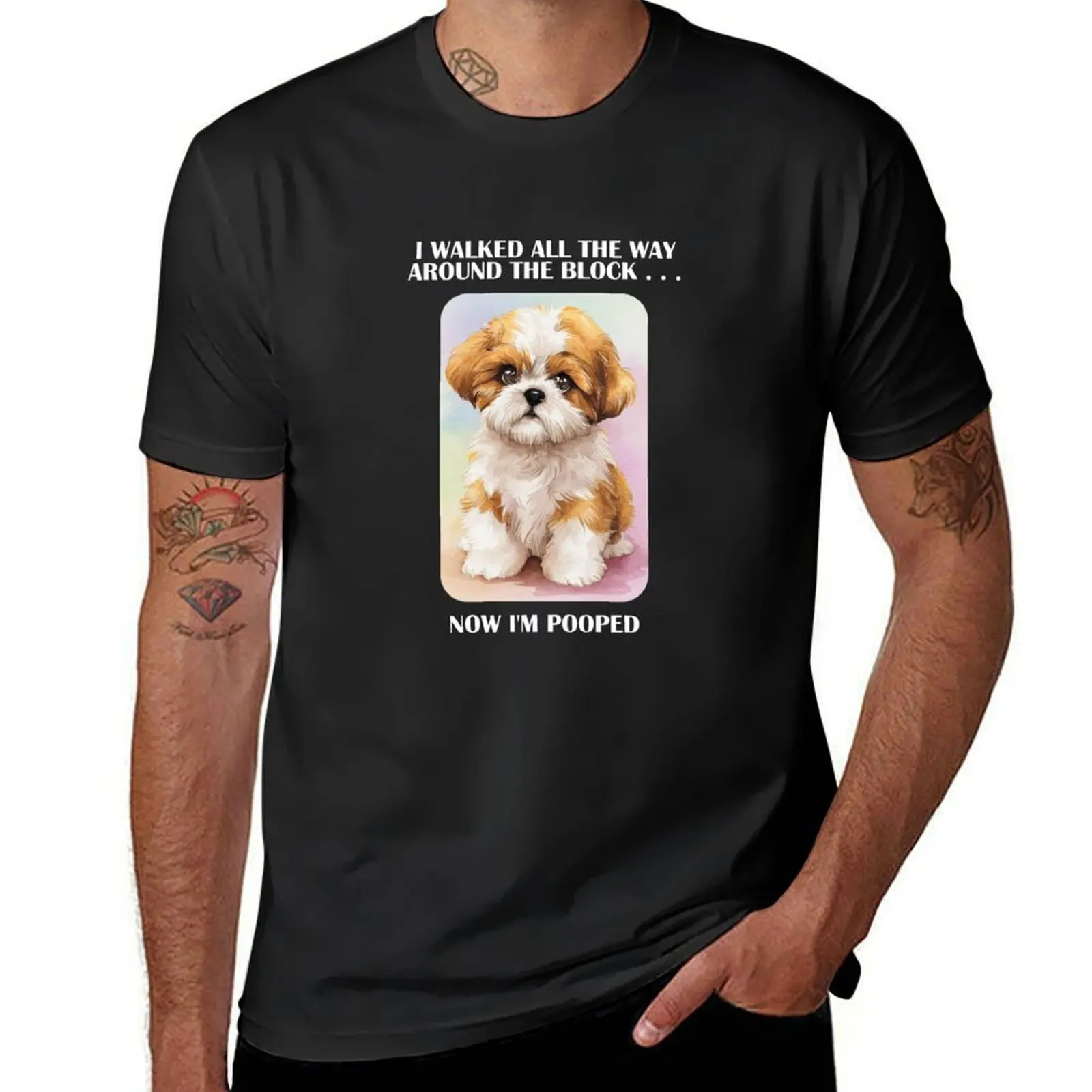 Funny Shih Tzu Graphic on watercolor background. White lettering for dark color backgrounds T-Shirt sports fans t shirts for men