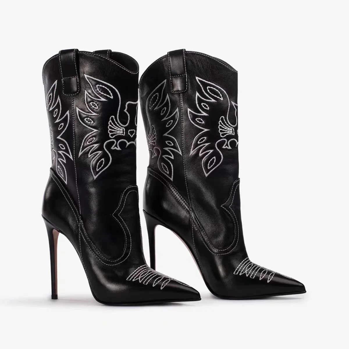 Western Cowboy Style Slim High Heeled Boots with Pointed Embroidery Cowboy Boots with Short Sleeves Sexy Knight Shoes for Women