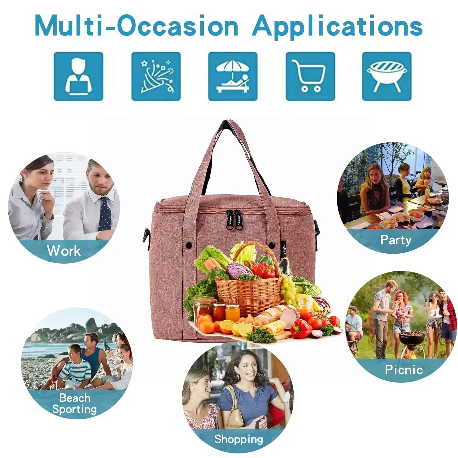 1pc Insulated Lunch Bag For Men/Women, Reusable Large Lunch Cooler Box Tote Shoulder Strap For Work Office Picnic Beach Travel view 4
