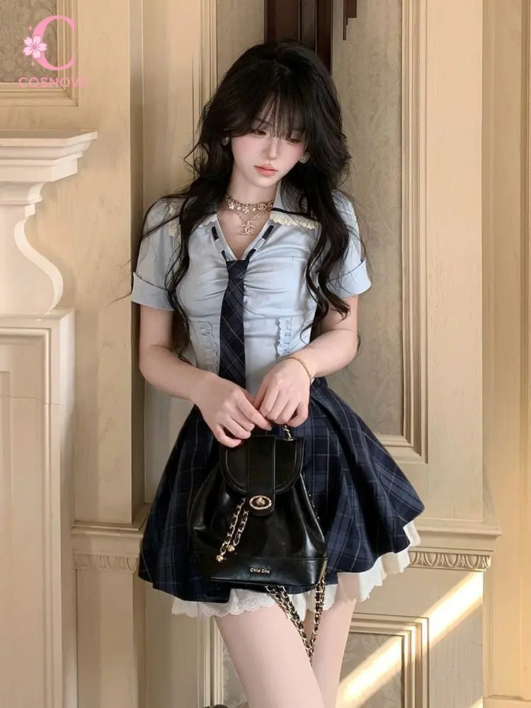Summer New Preppy Y2K 2 Piece Set Women Slim Fit Lace Trim Tie Detail Plaid Shirt High Waist Pleated Skirt Daily Casual Outfit