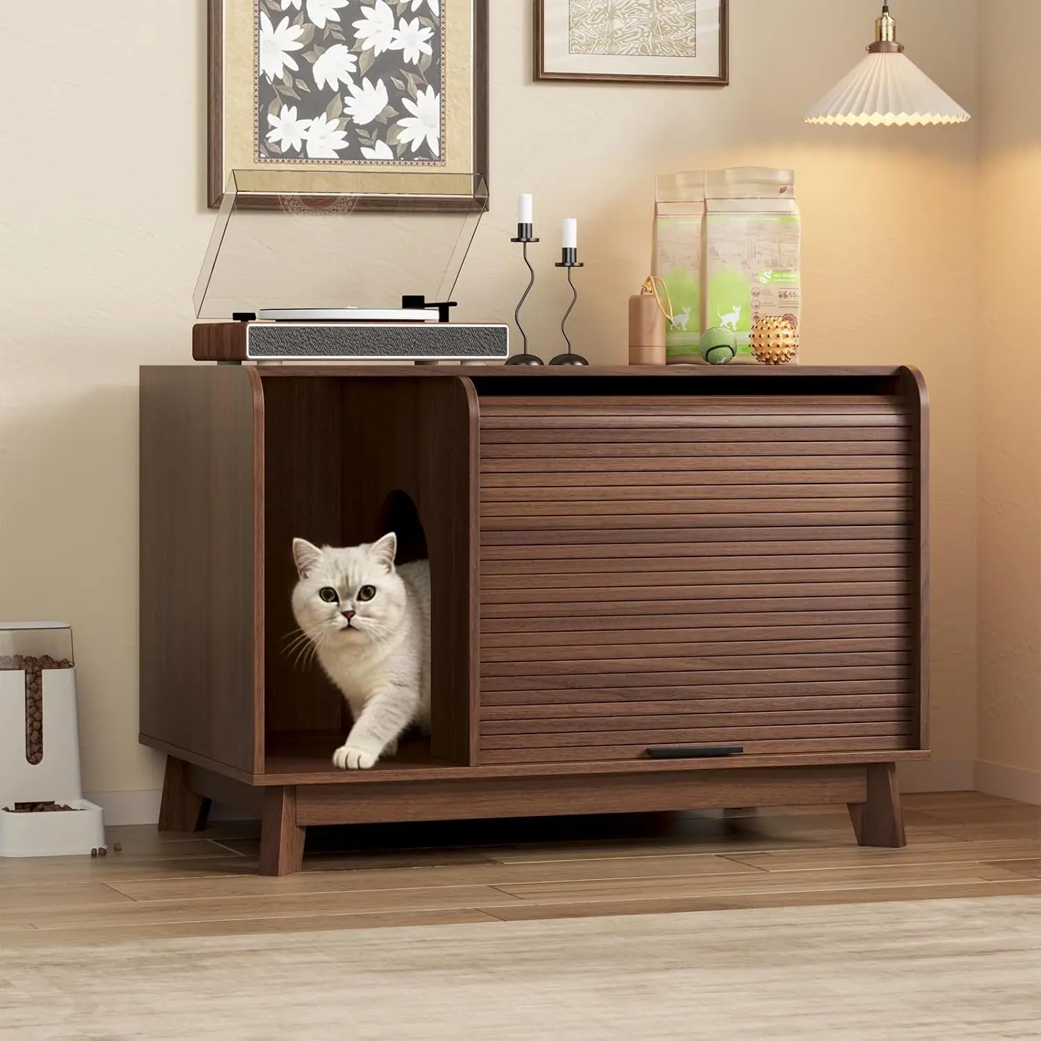 Cat Litter Box Enclosure with Sliding Door, 31.5